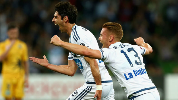 Gui Finkler and Oliver Bozanic celebrate Victory's second goal against the Mariners.